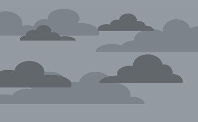 Flat design ominous dark gray and black cloudscape creating a moody atmosphere. Layered storm clouds dominate the scene, suggesting heavy rain or foreboding weather conditions.