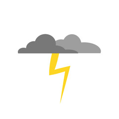 Flat design stylized dark storm cloud icon with a bright yellow lightning bolt striking down. thunderstorm warning and heavy electrical activity. cartoon vector thunder