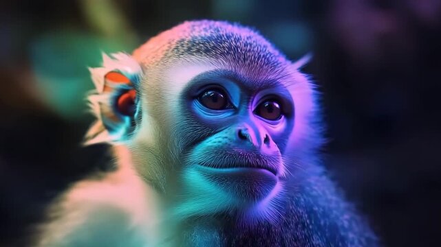 Color-changing monkey expressively displays vibrant hues based on emotions in a lively jungle environment