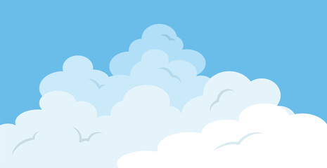 Flat design view of large voluminous cumulus clouds filling the blue sky. The stacked fluffy clouds create an impressive atmospheric border at the horizon line. perfect for themes of weather