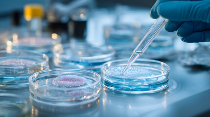 Scientist pipetting liquid into petri dishes in a laboratory setting