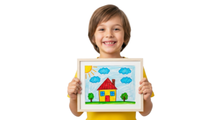 Joyful child proudly displays colorful drawing of home, sun, and clouds, embodying childhood dreams and creativity.