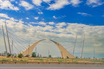Baku, Azerbaijan. This monumental gate, Entrance to Baku, is a striking architectural composition symbolizing the entrance to the capital of Azerbaijan.