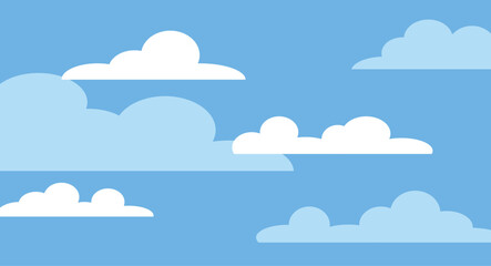 Flat Design layered blue sky background showcasing multiple white and light blue clouds. The simple stylized cloud shapes overlap creating a sense of depth and movement across the scene.