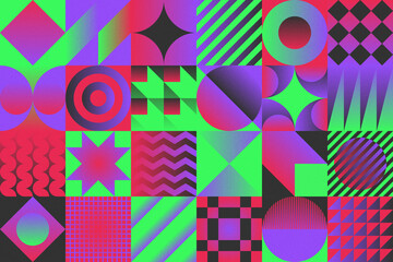Background of different colored geometric shapes with grain effect