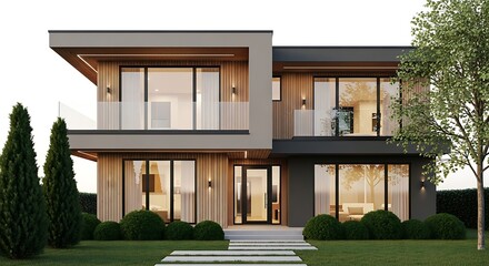 Fototapeta premium Modern Two-Story House with Large Windows and Green Lawn.