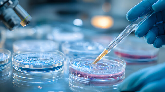Scientist pipetting liquid into petri dishes in a laboratory setting
