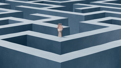 Hand reaching out from inside a giant maze, concept of confusion, struggle, help, mental exhaustion, problem solving and stress, 3d render