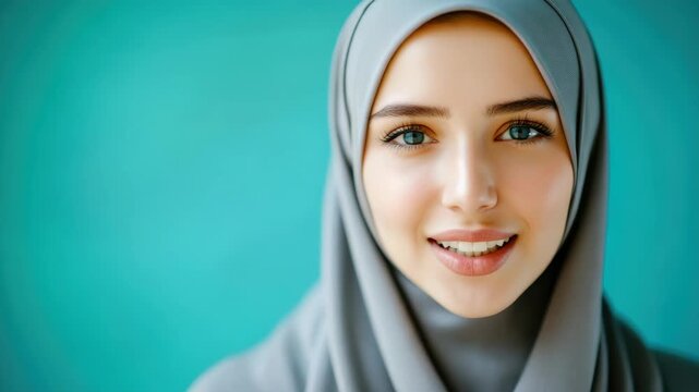 A smiling Muslim woman in a hijab, expressing joy and inner peace. She stands for diversity and acceptance within the modern world.