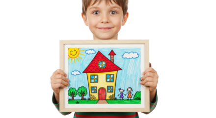 Joyful child proudly displays colorful drawing of a happy home and family, symbolizing dreams and aspirations.