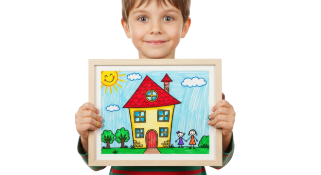 Joyful child proudly displays colorful drawing of a happy home and family, symbolizing dreams and aspirations.