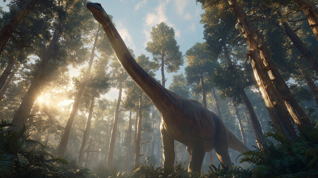 AI-generated image - A towering Brachiosaurus walking through a misty prehistoric forest. The scene features dramatic lighting, tall trees, and a calm, ancient atmosphere.