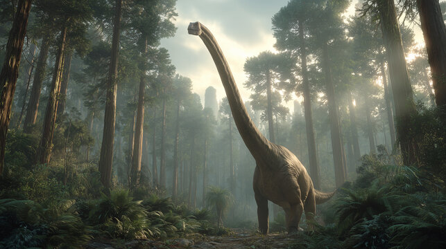 AI-generated image - A towering Brachiosaurus walking through a misty prehistoric forest. The scene features dramatic lighting, tall trees, and a calm, ancient atmosphere.