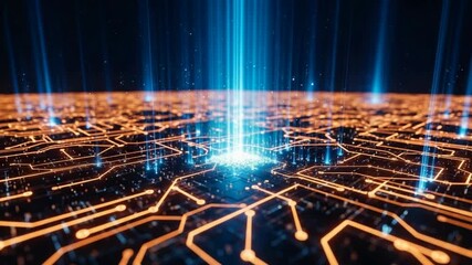 Futuristic digital circuit board glowing with blue energy streams and data particles flowing across a dark technological landscape representing innovation and artificial intelligence - Powered by Adobe