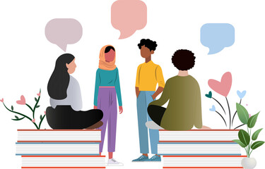 Diverse students discussing ideas on transparent background