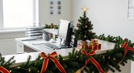 Office reception desk decorated for the Christmas and New Year holidays. Festive workplace with a small tree, gifts, and garland. Corporate celebration concept