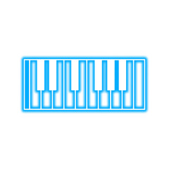 A glowing blue neon illustration of piano keys, featuring black and white keys in a minimalist design.