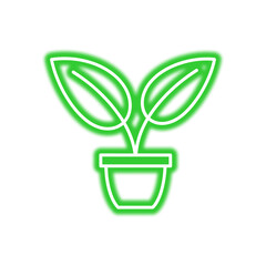 A glowing green neon plant icon in a pot, featuring two symmetrical leaves against a white background.