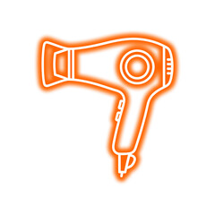An orange neon outline of a hair dryer, isolated on a white background, suggesting beauty or styling.