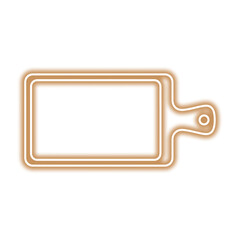 Illustration of a simple, rectangular cutting board with a handle, outlined in a warm, glowing brown color against a white background.