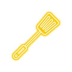 A yellow neon-style spatula with slots, angled on a white background, giving a glowing effect.