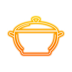 Glowing outline of a cooking pot with a lid, depicted in warm orange and yellow tones against a white background.
