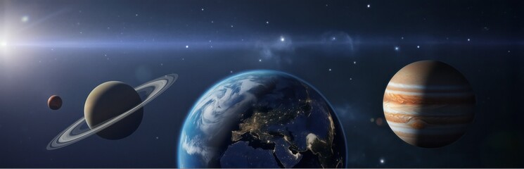Solar System. Earth at Night Surrounded by Jupiter, Saturn,  Planets in Deep Space. Global Communication & Space Exploration. 3D. Science, Technology Banner. Astronomy, Education Panoramic Background.