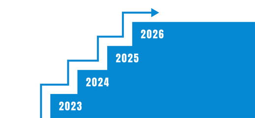 Blue Staircase with Upward Arrow Line and Years 2023 to 2026 Symbolizing Business Growth Timeline