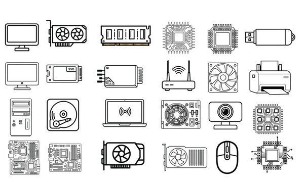Computer Hardware Icon Set &mdash; 24 Minimal Flat Vector Technology Symbols Including CPU, GPU Black and White Line Icons Isolated on White Background
