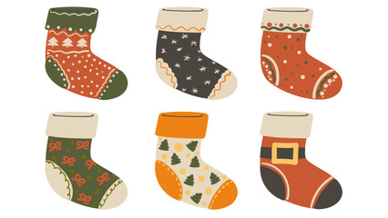 Cute hand drawn set of Christmas socks. Collection of colored stocking wiith oranament.
