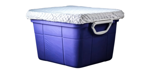 Purple storage bin with quilted silver fabric cover