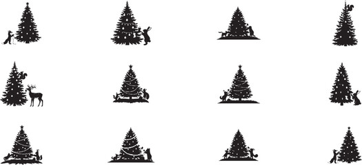 Christmas tree silhouettes with woodland animals Vector