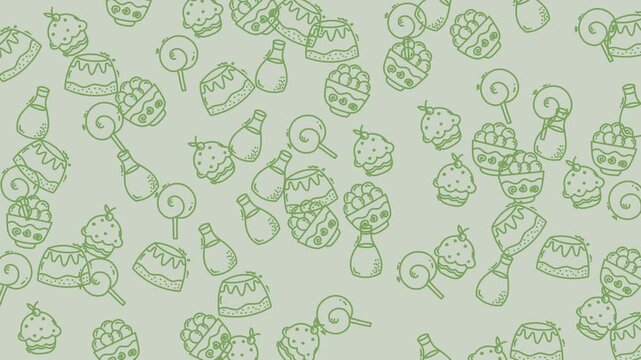 Background featuring various outline candies and treats, perfect for sweetthemed designs, party invitations, and confectionery businesses. Vibrant and festive.