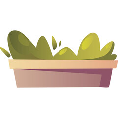 Stylized Green Bush in a Beige and Purple Planter with a Transparent Background Simple Flat Graphic Design