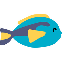 Stylized Cartoon Blue Fish with Yellow Accents and Dark Outline Against a Transparent Background