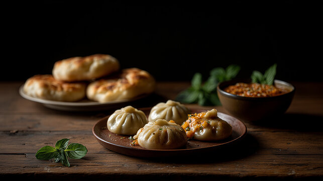Authentic Sikkimese steamed momos served on rustic plates with a spicy dipping sauce, set against a dark, moody background on a weathered wooden table. Cinematic food photography.