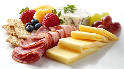 Elegant charcuterie board featuring sliced salami, cheese varieties, fresh berries, crackers, and grapes arranged artfully for sophisticated entertaining and gourmet snacking pleasure