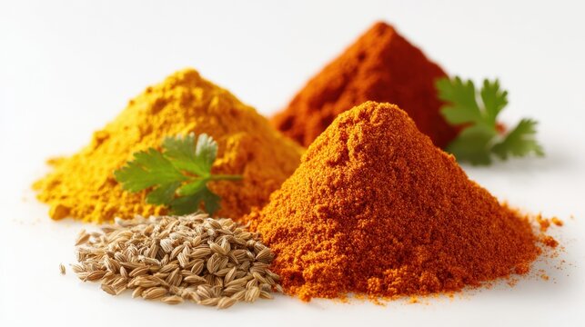 Vibrant spice collection with turmeric, paprika, and cumin seeds arranged in colorful powder mounds, garnished with fresh cilantro for culinary inspiration and ethnic cooking