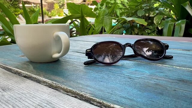 Close Up of Sunglasses and Coffee Cup on Wooden Bench in Tropical Resort Morning Paje Zanzibar Tanzania
