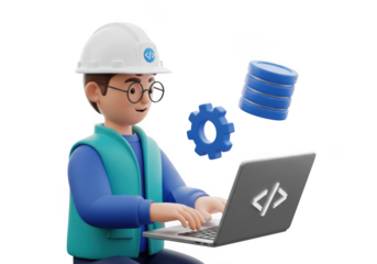 3d illustration of cartoon developer working on laptop isolated on transparent background, surrounded by tech elements. 3d cartoon engineer working on laptop with gears and data stack icons