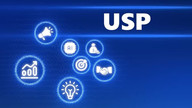 USP Unique Selling Proposition Concept with Business Icons on Blue Digital Background marketing strategy