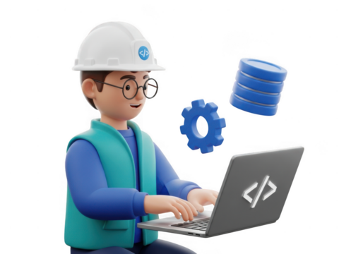 3d illustration of cartoon developer working on laptop isolated on transparent background, surrounded by tech elements. 3d cartoon engineer working on laptop with gears and data stack icons