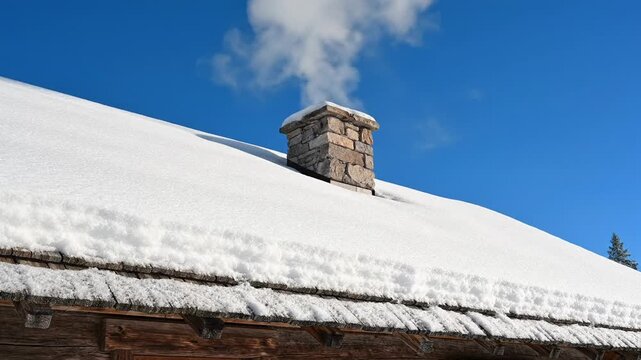 Sharp, static shot of wooden cabin roof covered with snow; thin smoke rising from chimney; clear visibility of roof texture and snow granules.