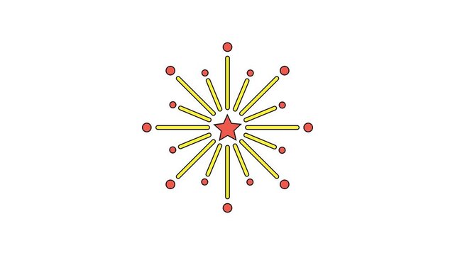 Colorful festive firework with yellow rays red central star and scattered glowing red dots design