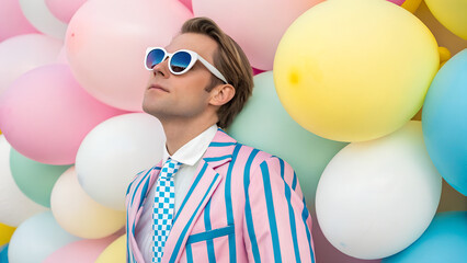 Obraz premium A stylish man adorned with confidence, wearing sunglasses and a modern striped suit, surrounded by vivid, vibrant colors. 