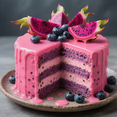Pink Dragon Fruit Layer Cake with Blueberries, Vibrant Pink and Purple Birthday Cake Recipe, Moist Pitaya Seed Cake and Pink Glaze, Exotic Fruit Dessert for Special Occasions, Multi-Layered Pink Drip 