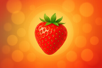 Bright red strawberry with green leaves against a warm orange background, highlighting its fresh appearance and appeal