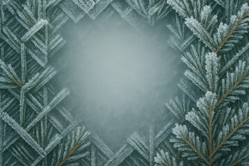 Frosty patterns on glass with a natural frame of icy branches in the early morning light