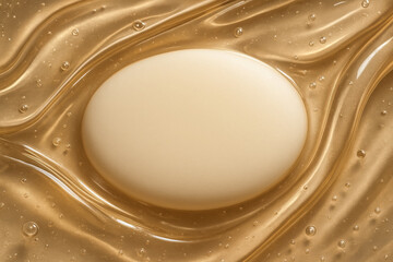 Soft and smooth oval soap bar floating in golden liquid surrounded by delicate bubbles