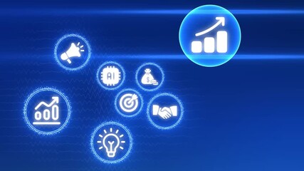 Business growth concept with glowing icons for AI marketing finance and handshake on blue background with emphasis on chart